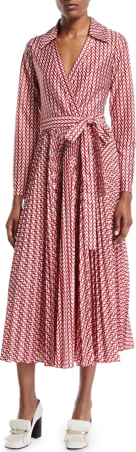 Valentino Long-Sleeve Allover V Logo Self-Belt Ankle-Length Wrap Dress