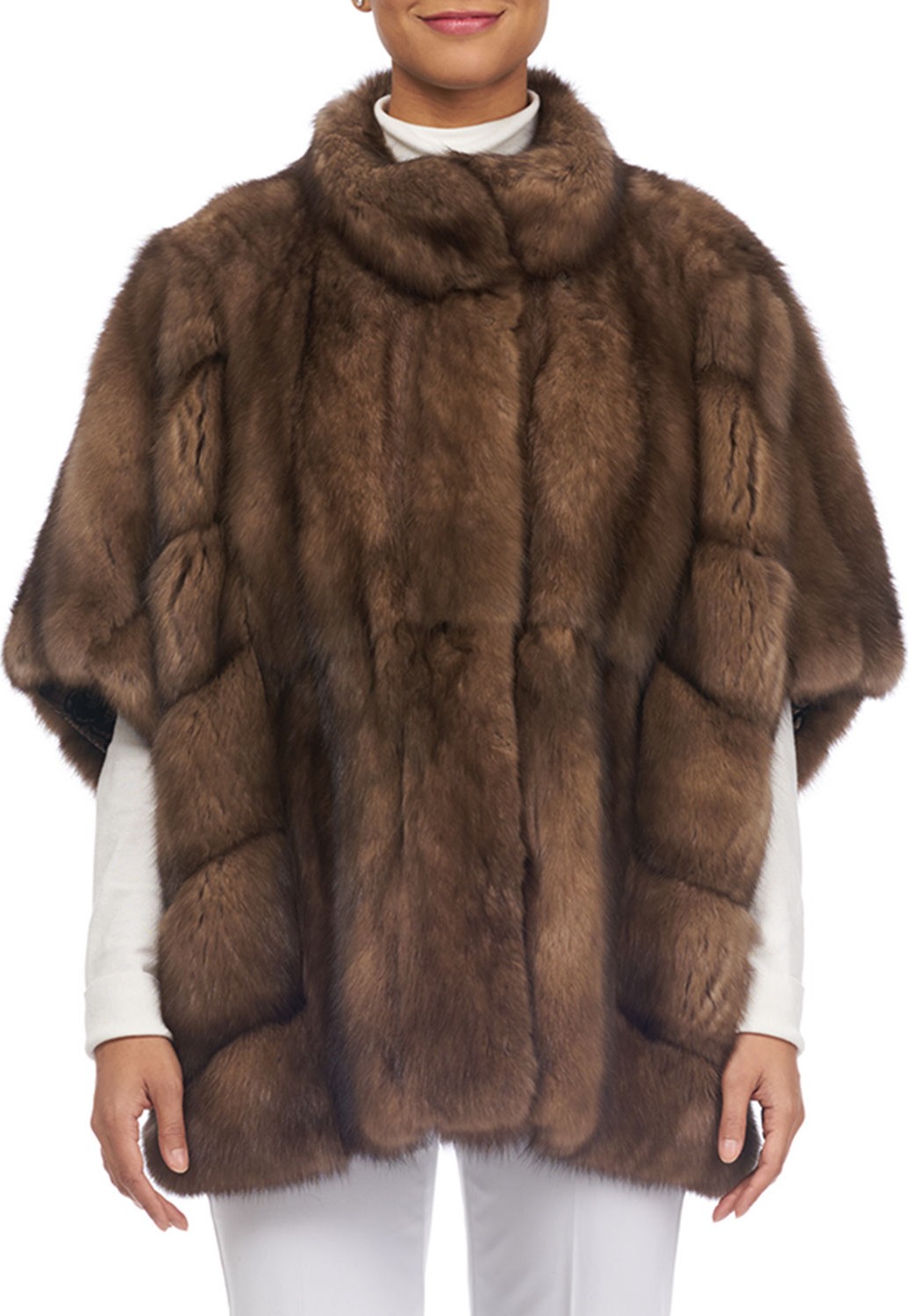 Tsoukas Round-Collar Batwing-Sleeves Sable Coat