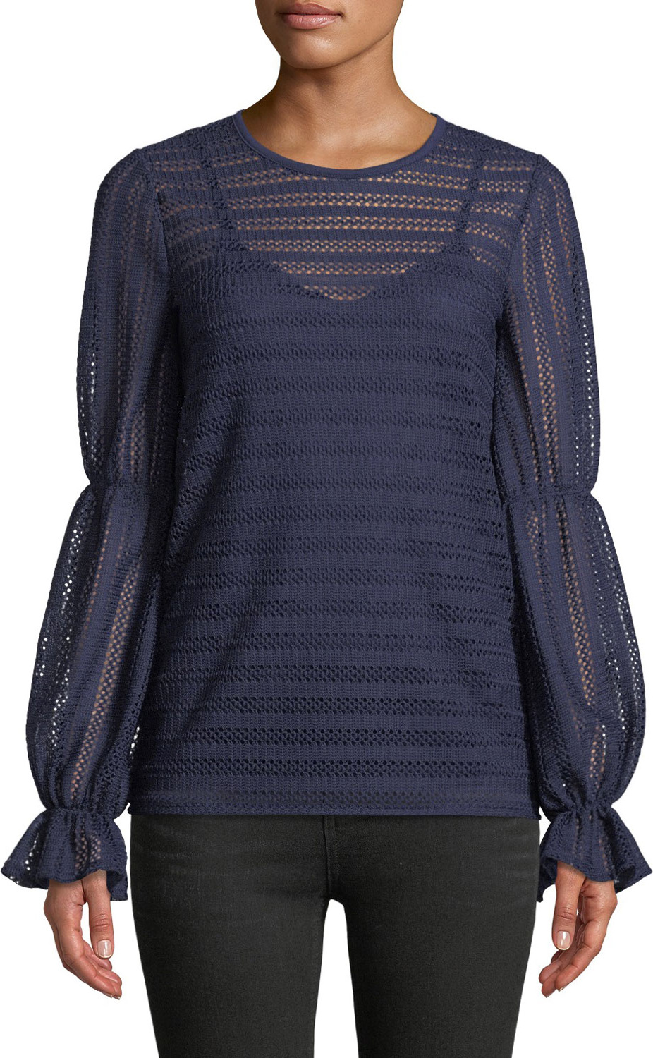 MICHAEL MICHAEL KORS Cinched-Sleeve Crochet-Striped Top