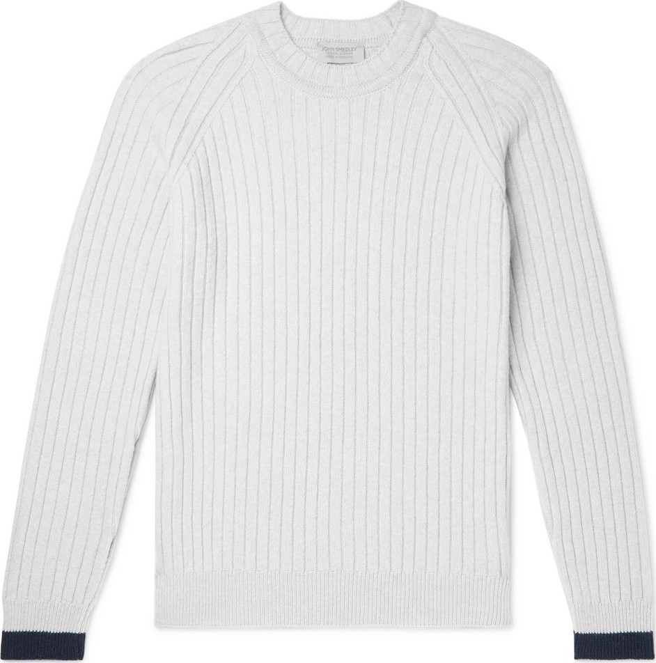John Smedley Ezra Contrast-Tipped Ribbed Merino Wool and Cashmere-Blend Sweater
