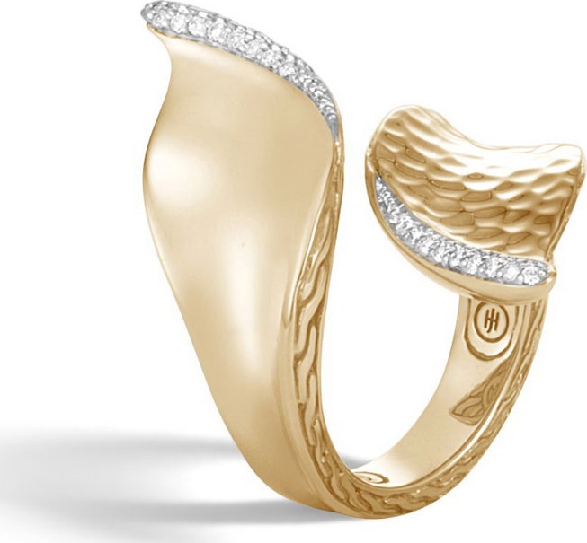 John Hardy Classic Chain Wave Hammered 18K Gold Diamond Bypass Ring, Size 7