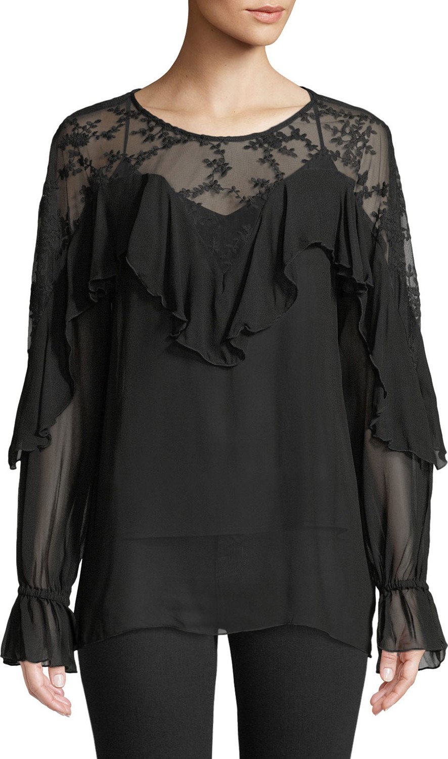 Johnny Was Karin Mesh-Yoke Ruffle Georgette Blouse
