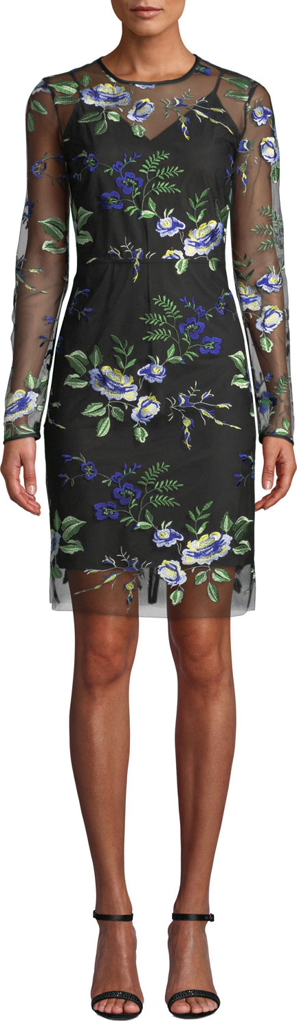 DIANE von FURSTENBERG Floral-Embroidered Mesh Long-Sleeve Cocktail Dress