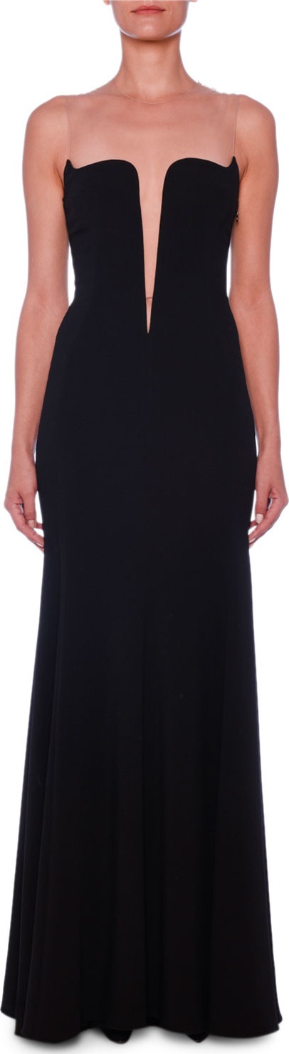 Stella McCartney Deep-V Illusion Bustier A-Line Stretch-Cady Evening Gown