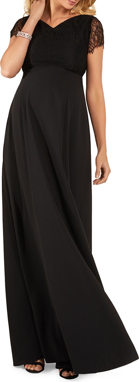 Tiffany Rose Maternity Eleanor Short-Sleeve Matte Crepe Satin Gown with Lace