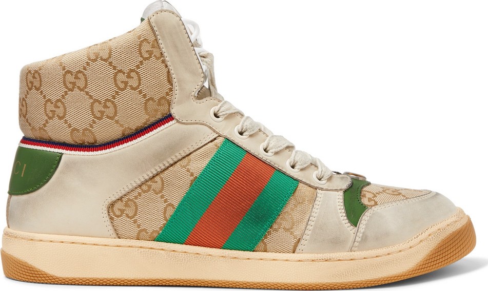 Gucci Screener Distressed Leather and Webbing High-Top Sneakers