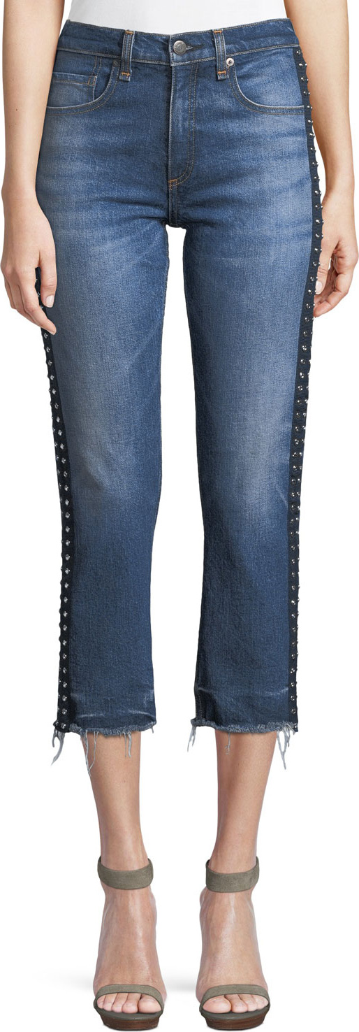 Veronica Beard Ines Cropped Straight-Leg Girlfriend Jeans W/ Rhinestones