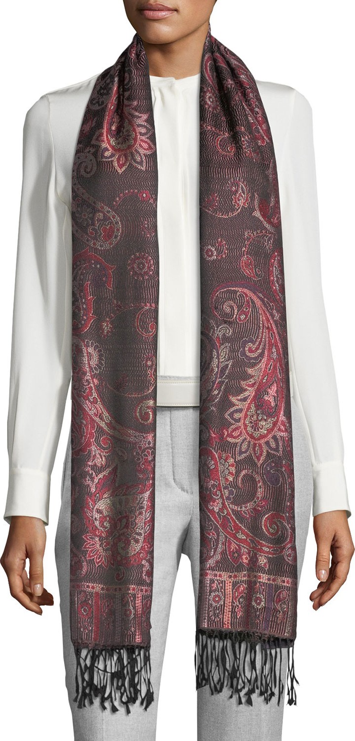 Sabira Fantasia Paisley-Print Silk Shawl, Black/Purple