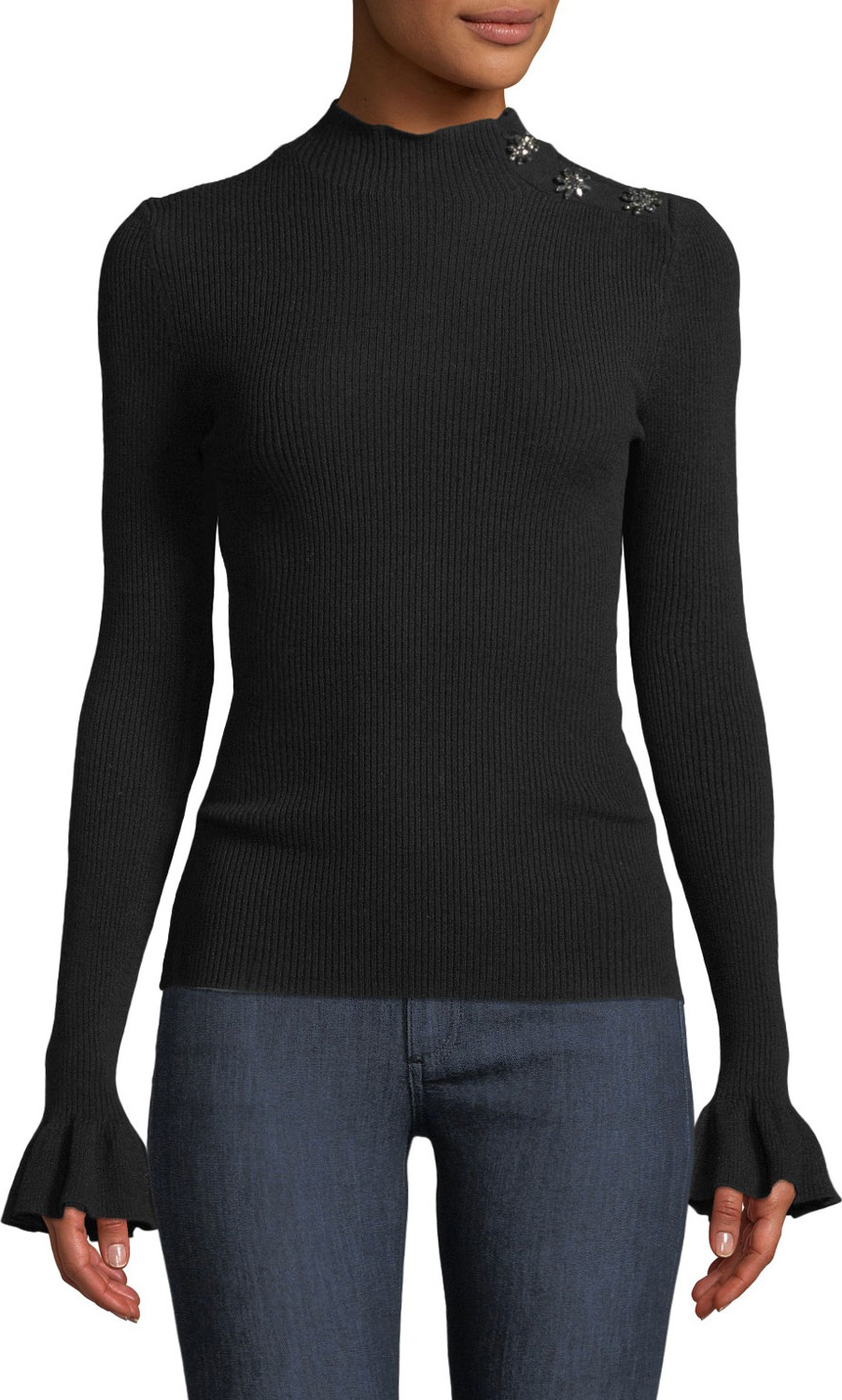 MILLY Mock-Neck Flutter-Cuff Ribbed-Knit Pullover w/ Gem Shoulder