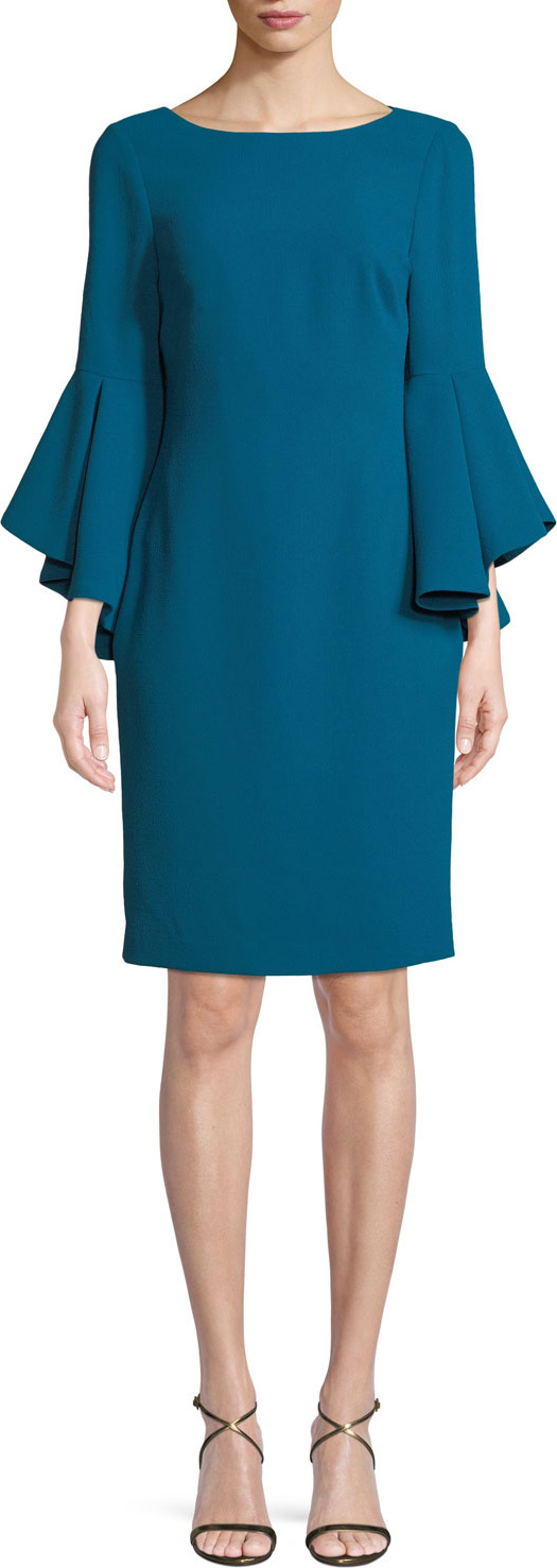 Badgley Mischka Bateau-Neck Dress w/ Trumpet Sleeves