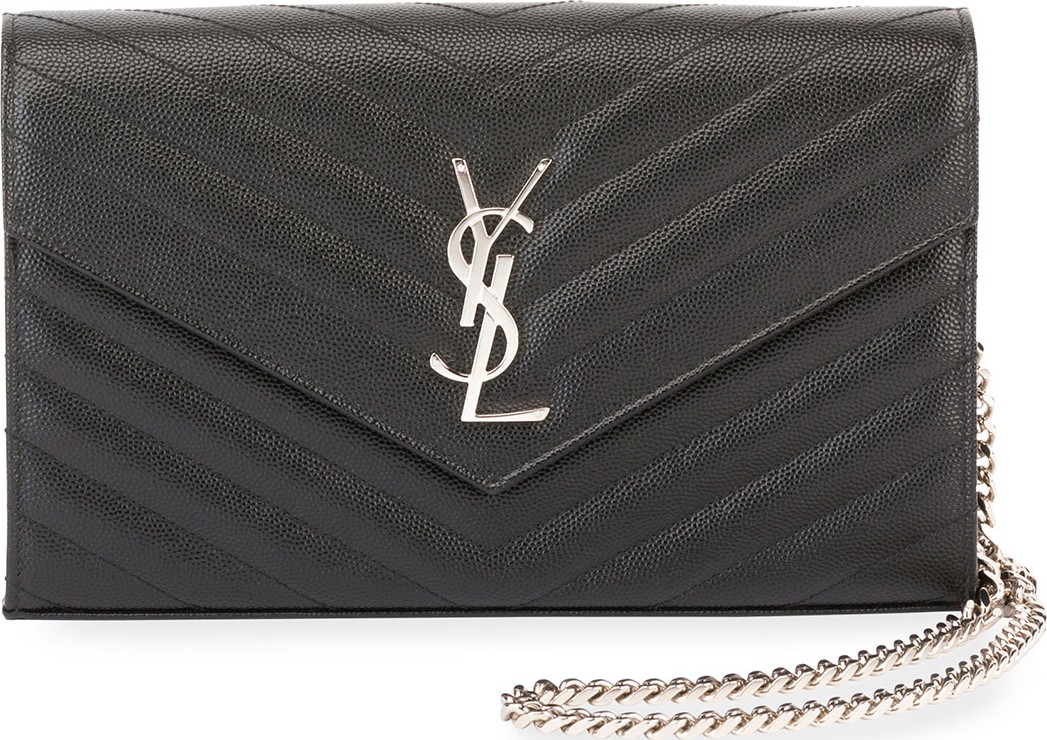 Saint Laurent Monogram YSL Large V-Flap Grain de Poudre Calfskin Wallet on Chain