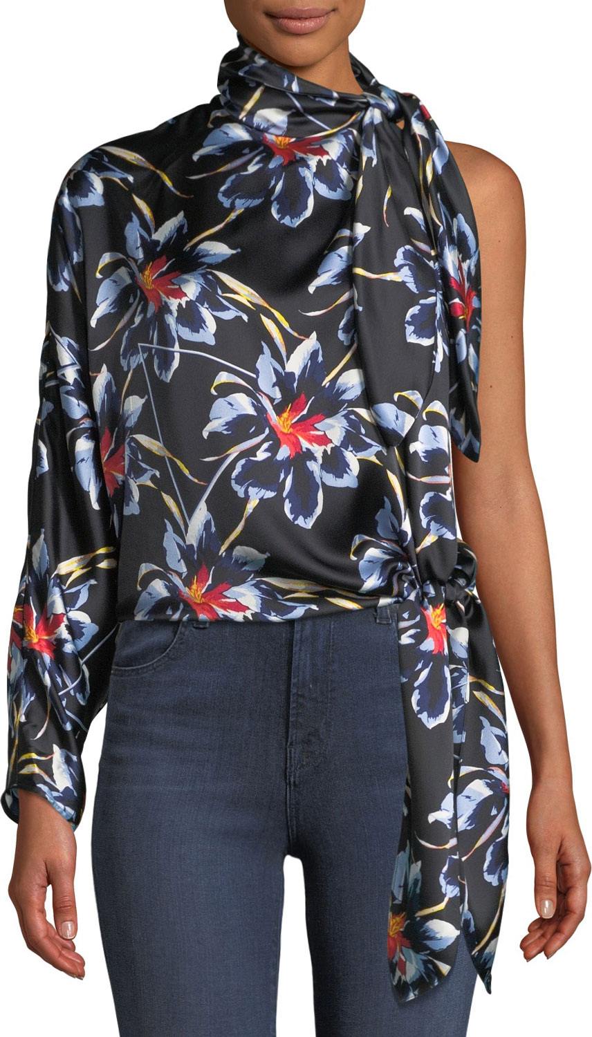 DIANE von FURSTENBERG One-Shoulder Silk Floral Knotted Blouse