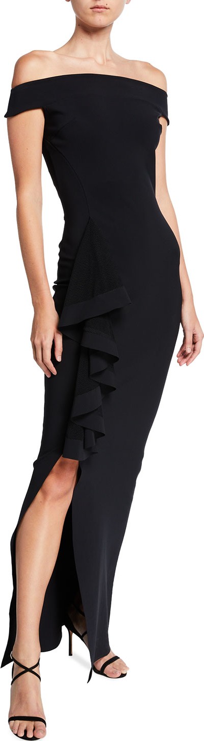 La Petite Robe di Chiara Boni Banded Off-the-Shoulder Side Drape Column Gown with Slit