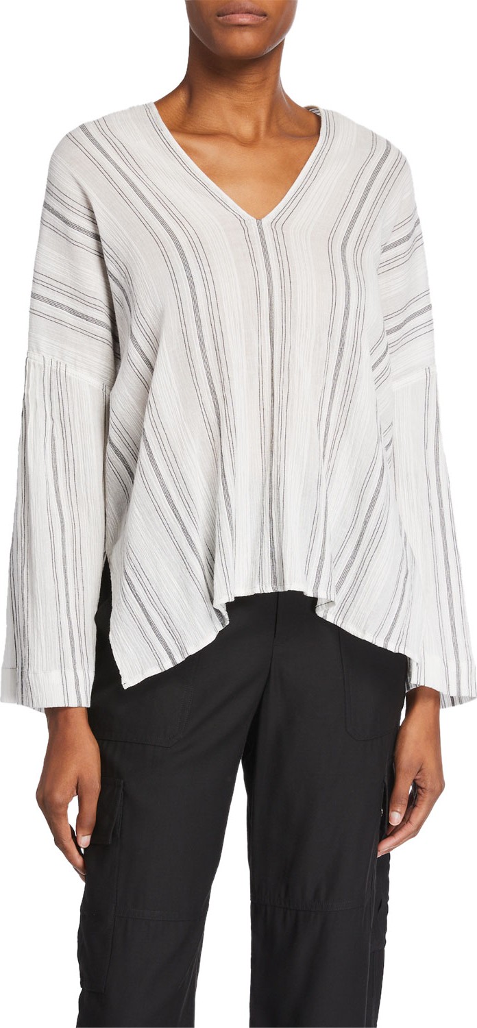 Vince Shore-Stripe V-Neck Long-Sleeve Pintucked Cotton Top