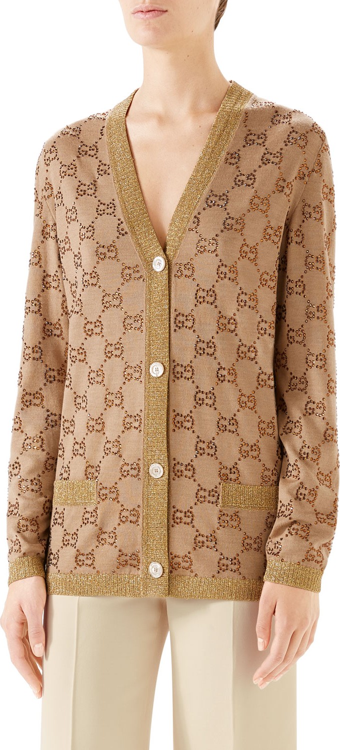 Gucci V-Neck Logo-Jacquard Fine-Wool Cardigan