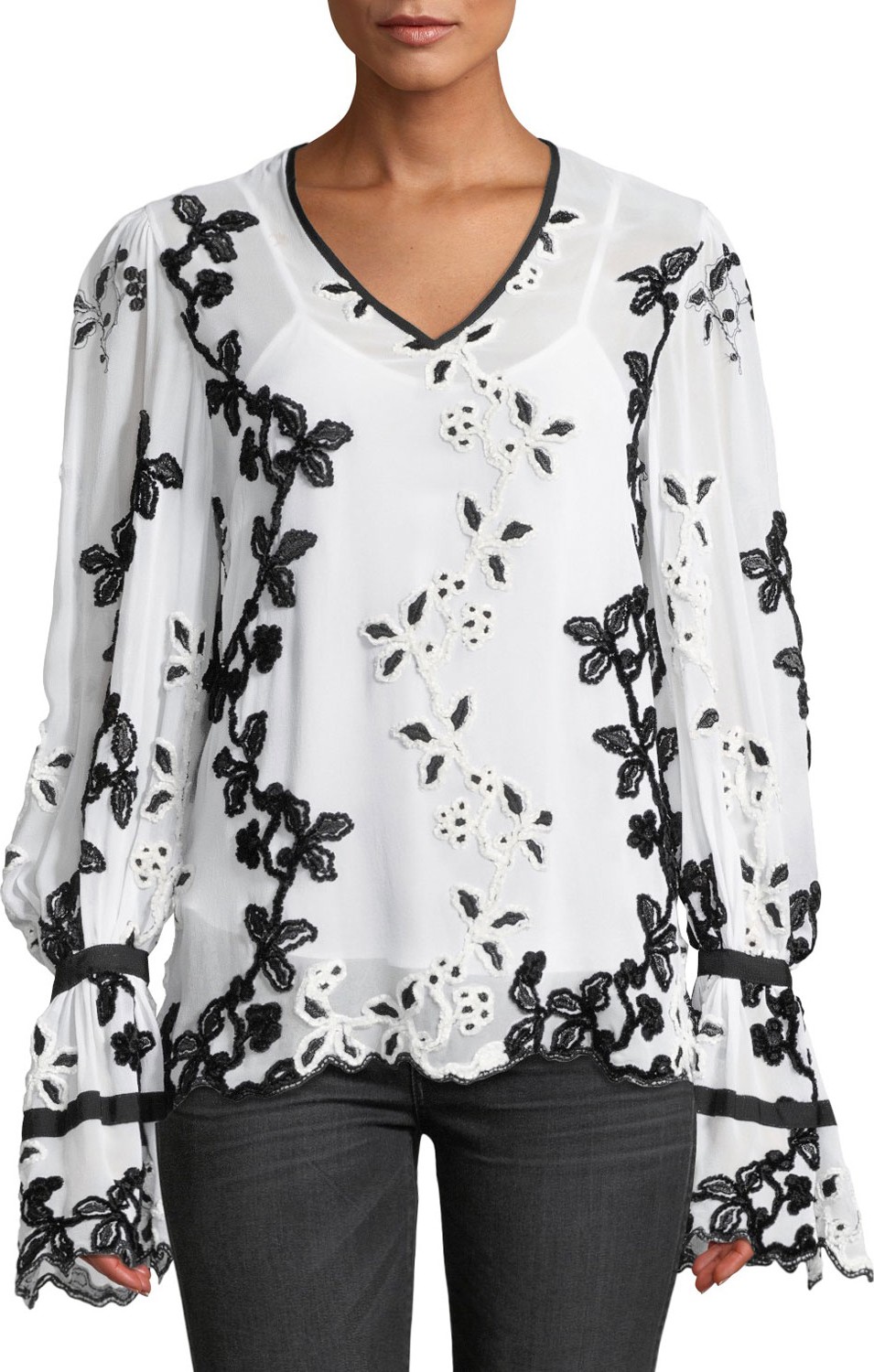 Josie by Natori V-Neck Dramatic Long-Sleeve Embroidered Top