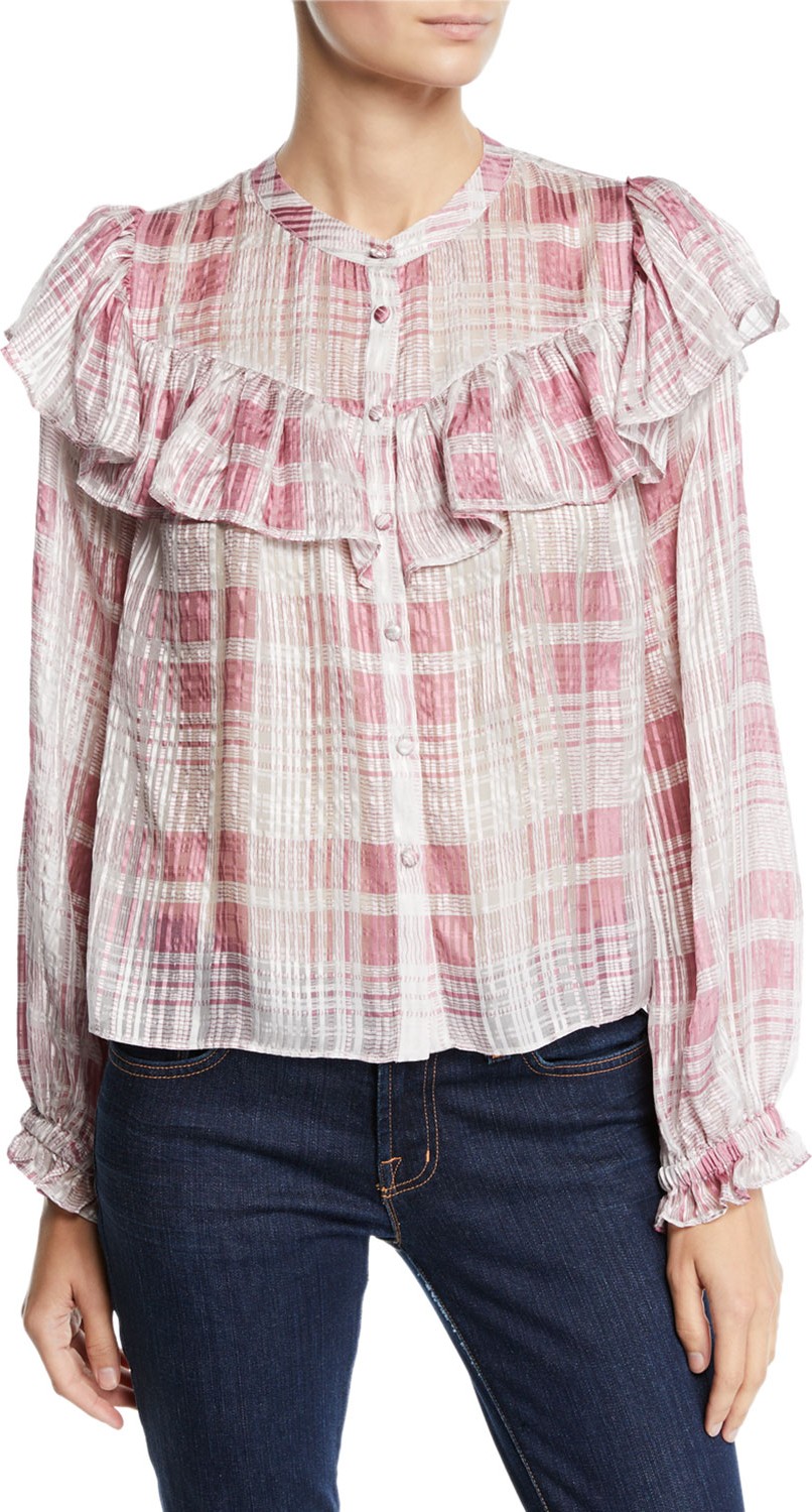 LOVESHACKFANCY Erica Check Silk Jacquard Ruffle Blouse