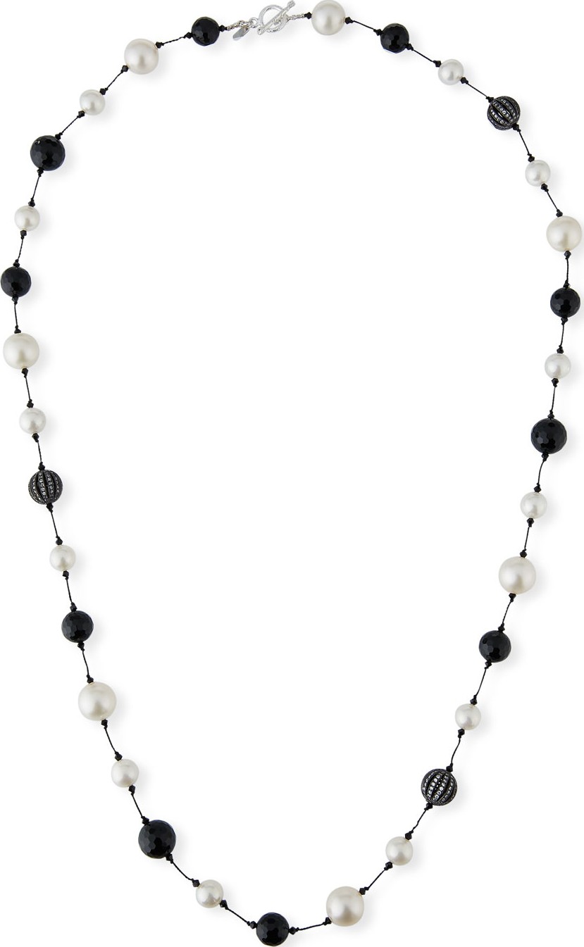 Margo Morrison Pearl, Onyx & Crystal Ball Necklace, 35"L