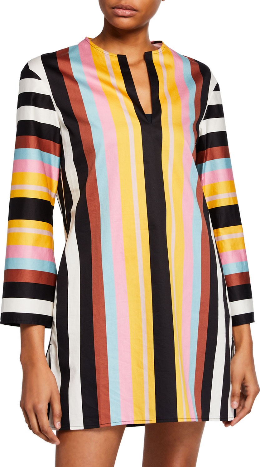 Tory Burch Striped V-Neck Bracelet-Sleeve Beach Tunic