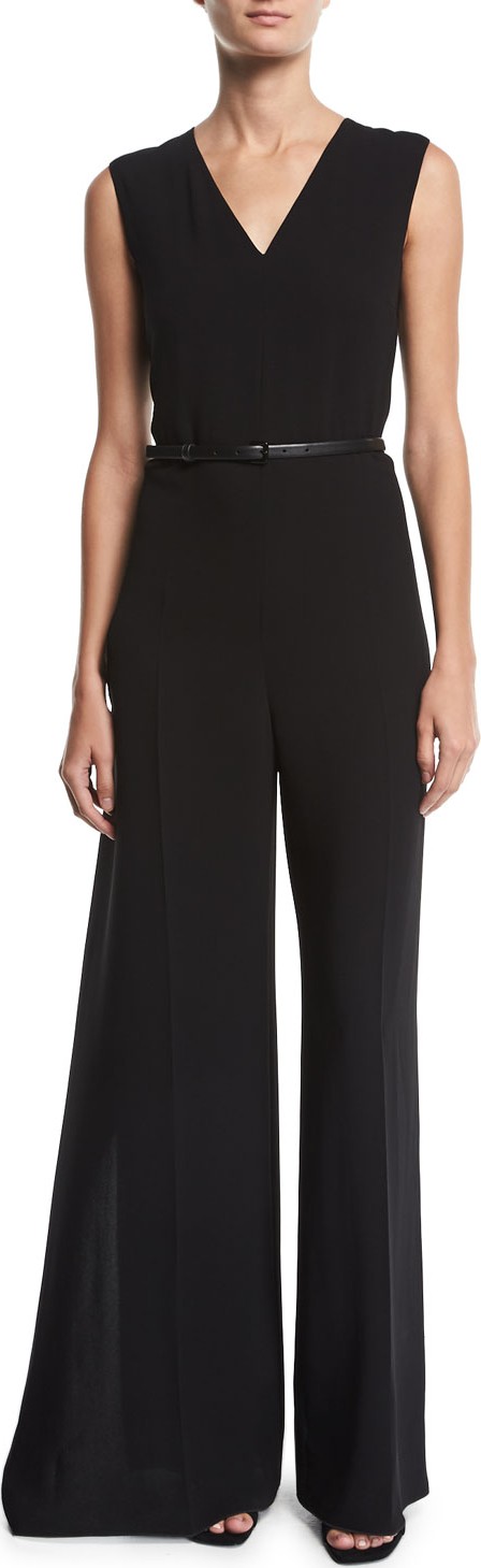 Max Mara Belted Sleeveless V-Neck Wide-Leg Jumpsuit