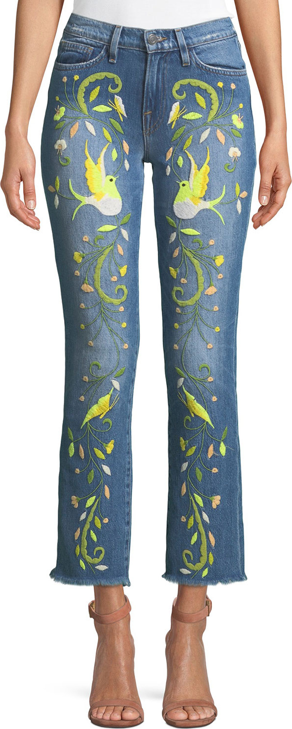 Etienne Marcel Embroidered Straight-Leg Jeans w/ Raw-Edge Hem