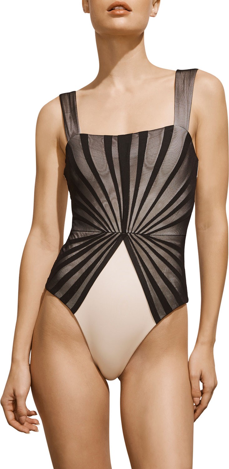 Amaiò Swim Avril Pleated-Mesh Maillot, Black and Ivory