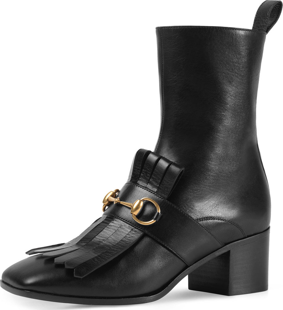 Gucci Kiltie Leather Ankle Boot, Nero