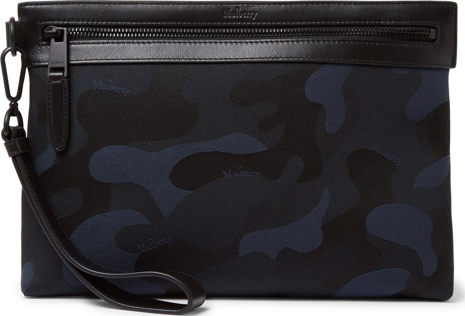 Mulberry Leather-Trimmed Camouflage Cotton-Jacquard Pouch