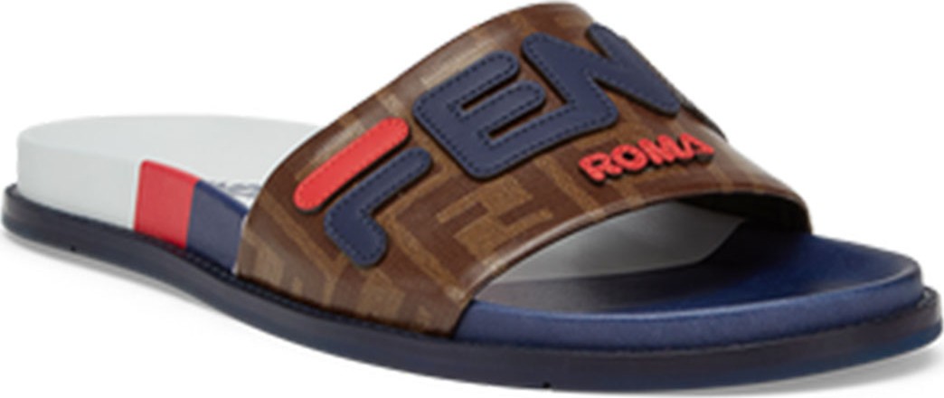 Fendi Men's Fendi Mania Logo-Applique Leather Slide Sandal