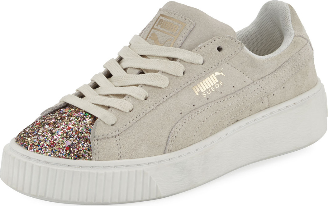 PUMA Suede Glittered Platform Sneakers, Cream