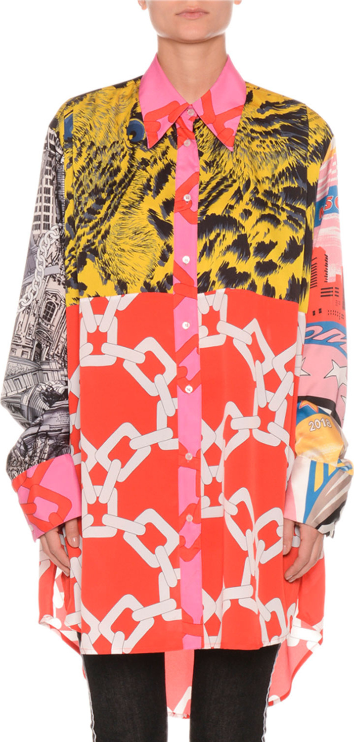 MSGM Multi-Print Long-Sleeve Button-Front Blouse