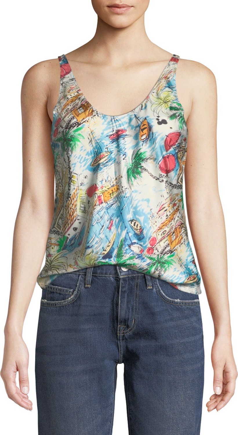 La Prestic Ouiston Marcelle La Dolce Vita Scoop-Neck Mixed-Print Silk Tank