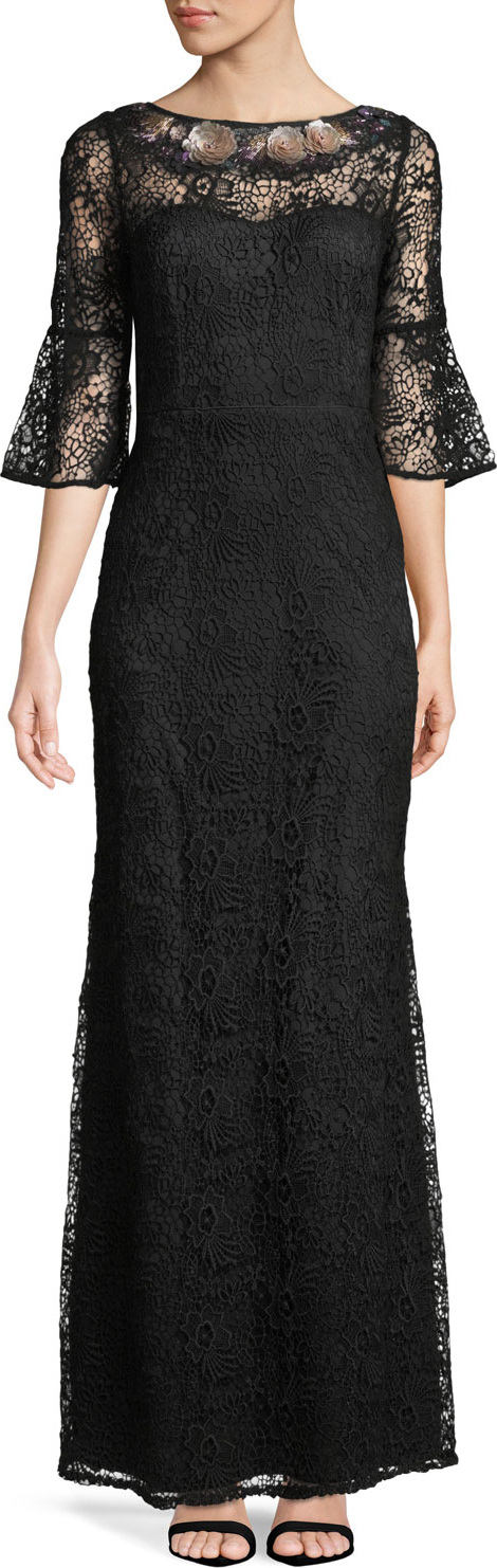 Aidan Mattox Embroidered Bell-Sleeve Gown