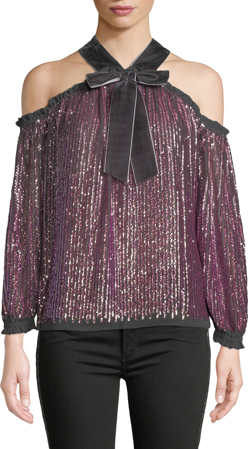 Needle & Thread Kaleidoscope Sequin Velvet Cold-Shoulder Top