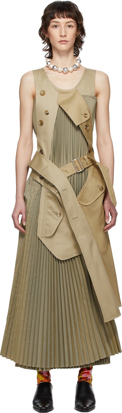 Junya Watanabe Beige & Green Pleated Trench Dress