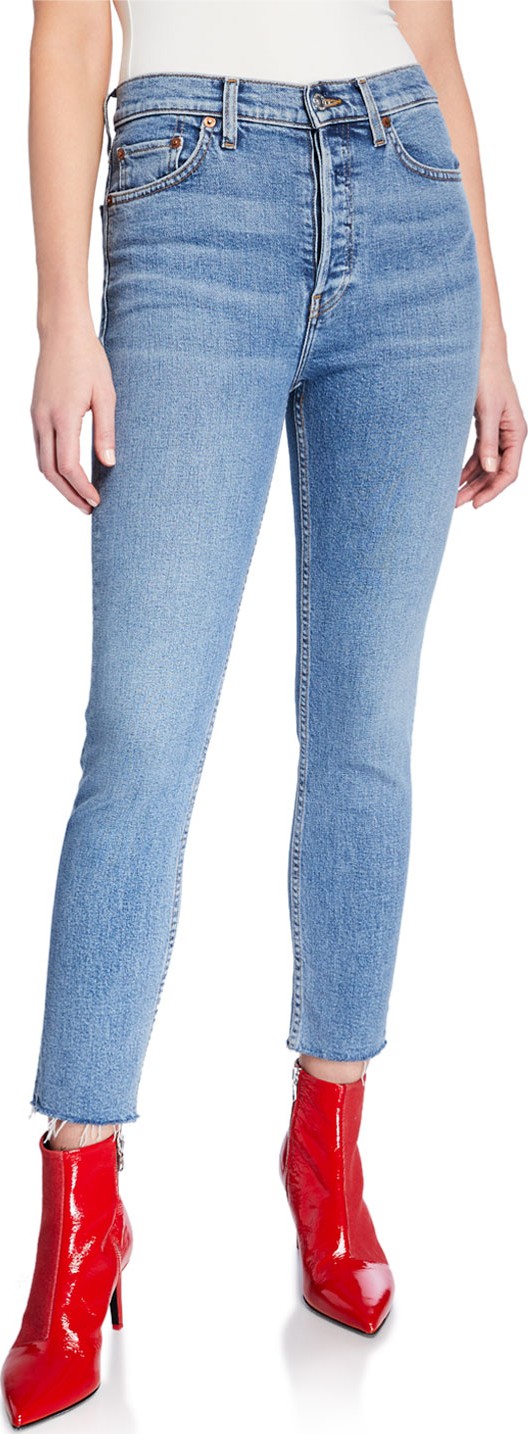 RE/DONE High-Rise Ankle Crop Skinny Jeans w/ Raw Hem