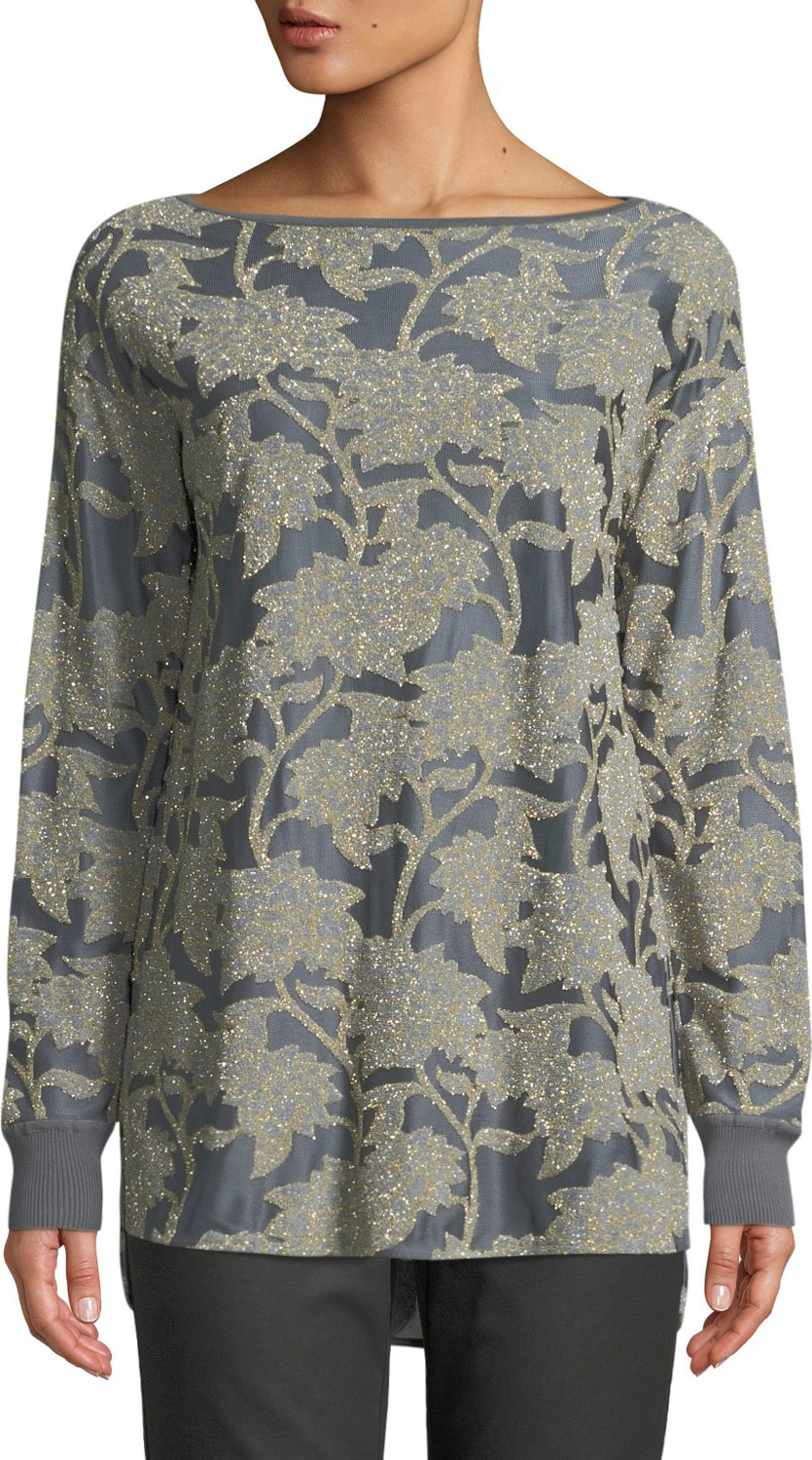 Lafayette 148 New York Phoenix Boat-Neck Long-Sleeve Floral Metallic Mesh Top