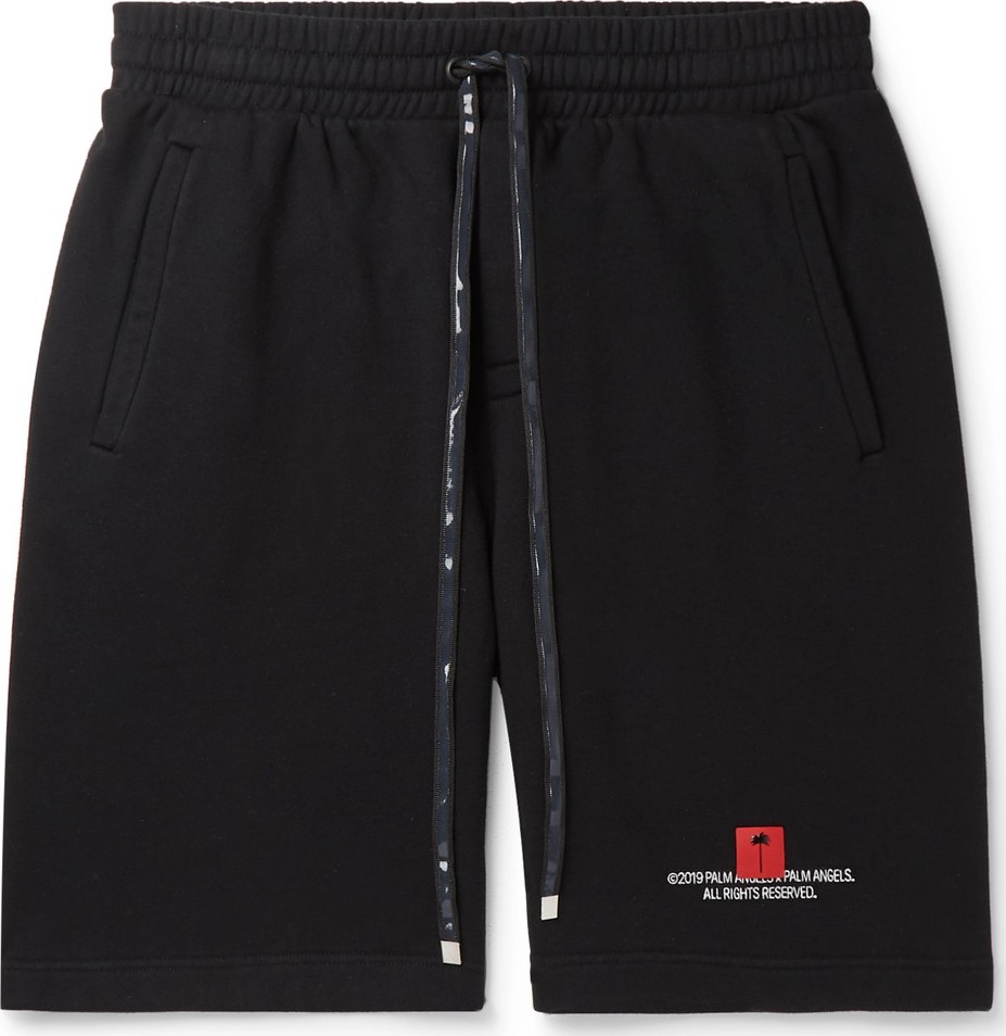 Palm Angels Wide-Leg Logo-Embroidered Fleece-Back Cotton-Jersey Drawstring Shorts