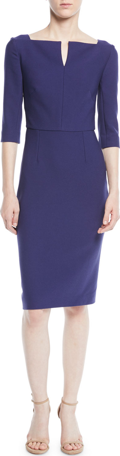 Roland Mouret Elbow-Sleeve Split-Neck Crepe Sheath Dress