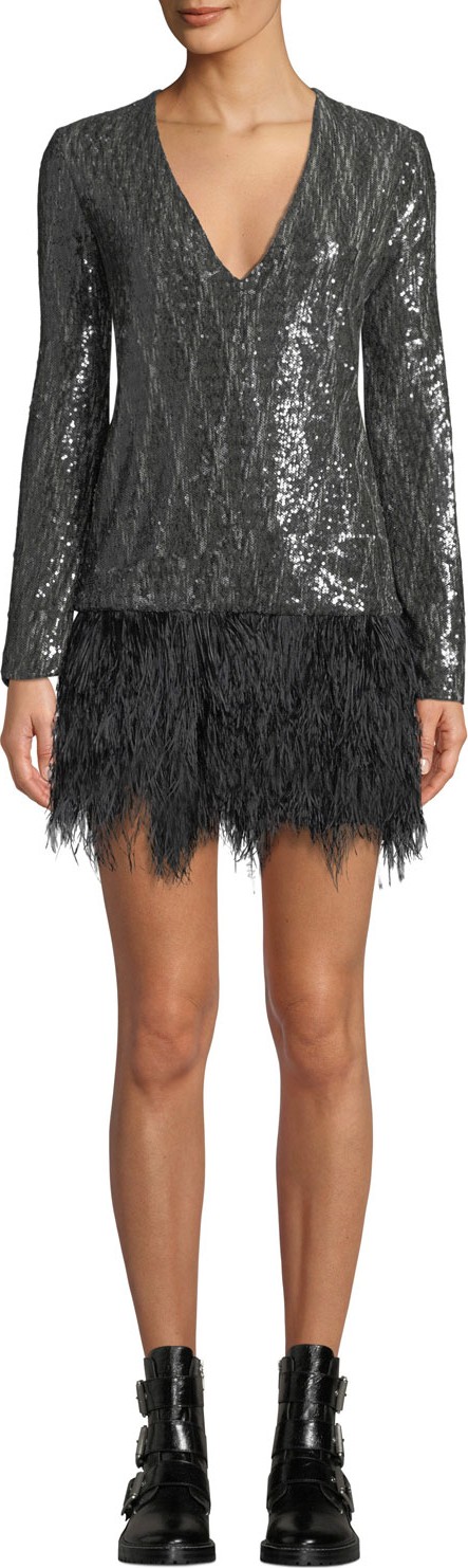 Le Superbe Giorgios Metallic Short Dress with Ostrich Feathers