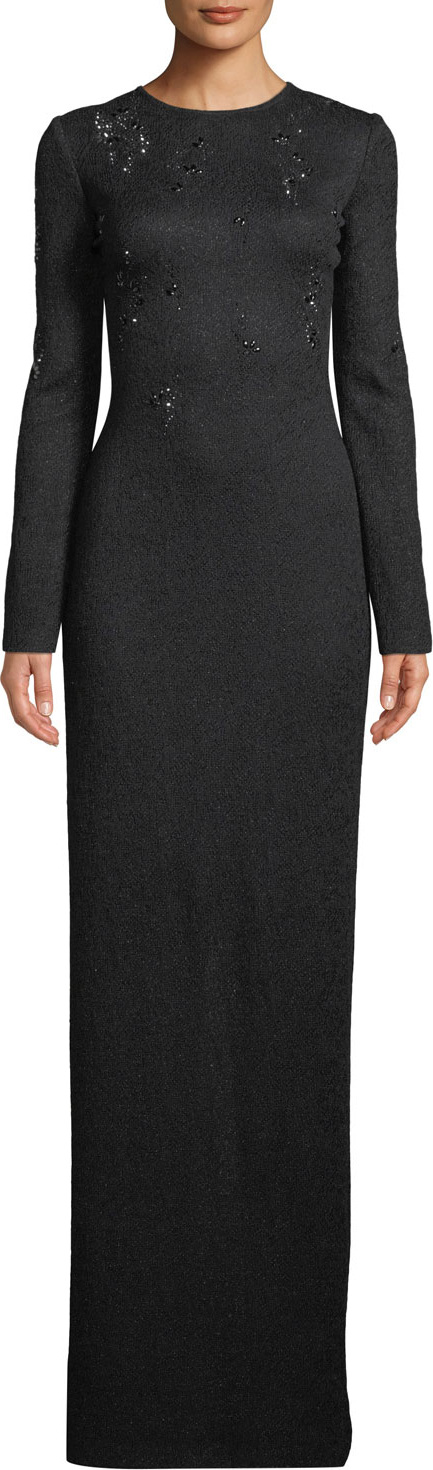 St. John Lace Overlay Jacquard Knit Gown w/ Sequins