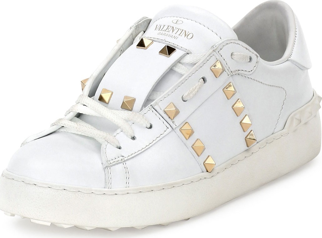 Valentino Rockstud Untitled Leather Sneakers, Bianco