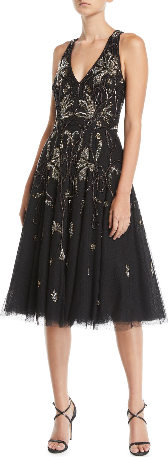 Aidan Mattox Point d'Esprit Sleeveless Midi Dress