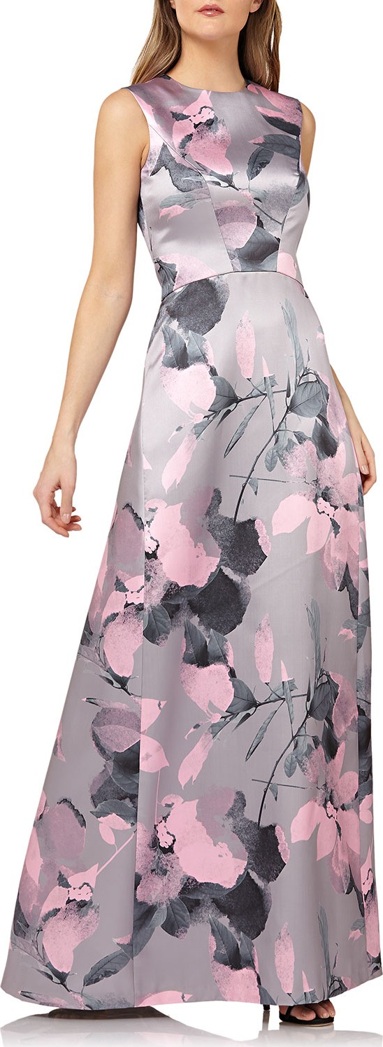 Kay Unger Sleeveless Floral-Print Mikado Gown
