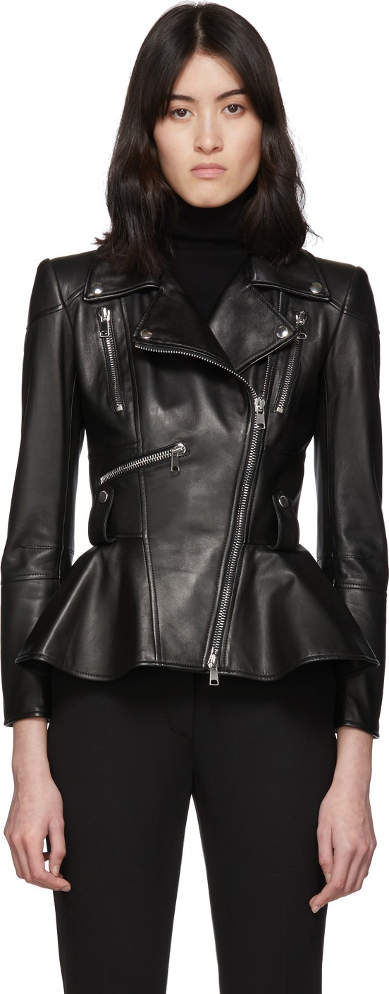 Alexander McQueen Black Leather Peplum Jacket