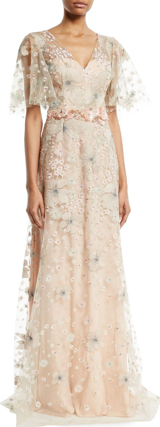 David Meister Embroidered Flutter-Sleeve Gown