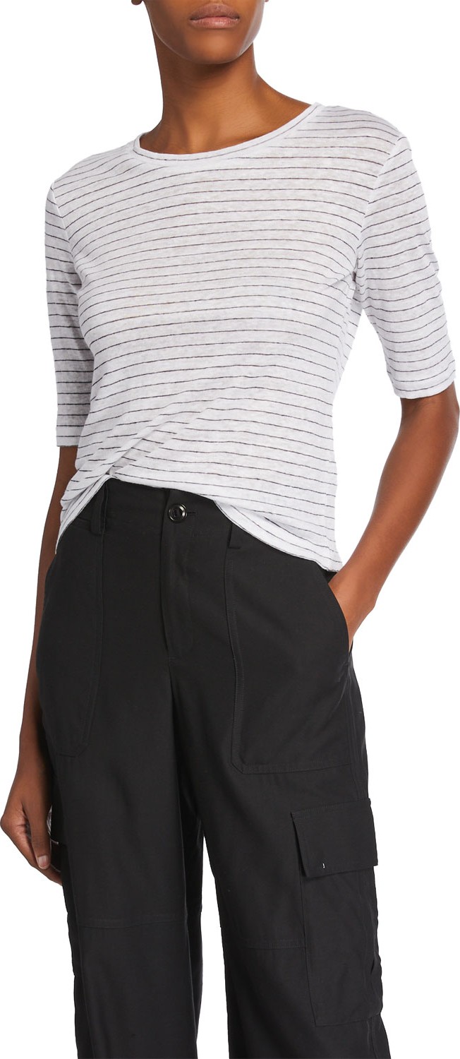 Vince Micro-Stripe Elbow-Sleeve Crewneck T-Shirt