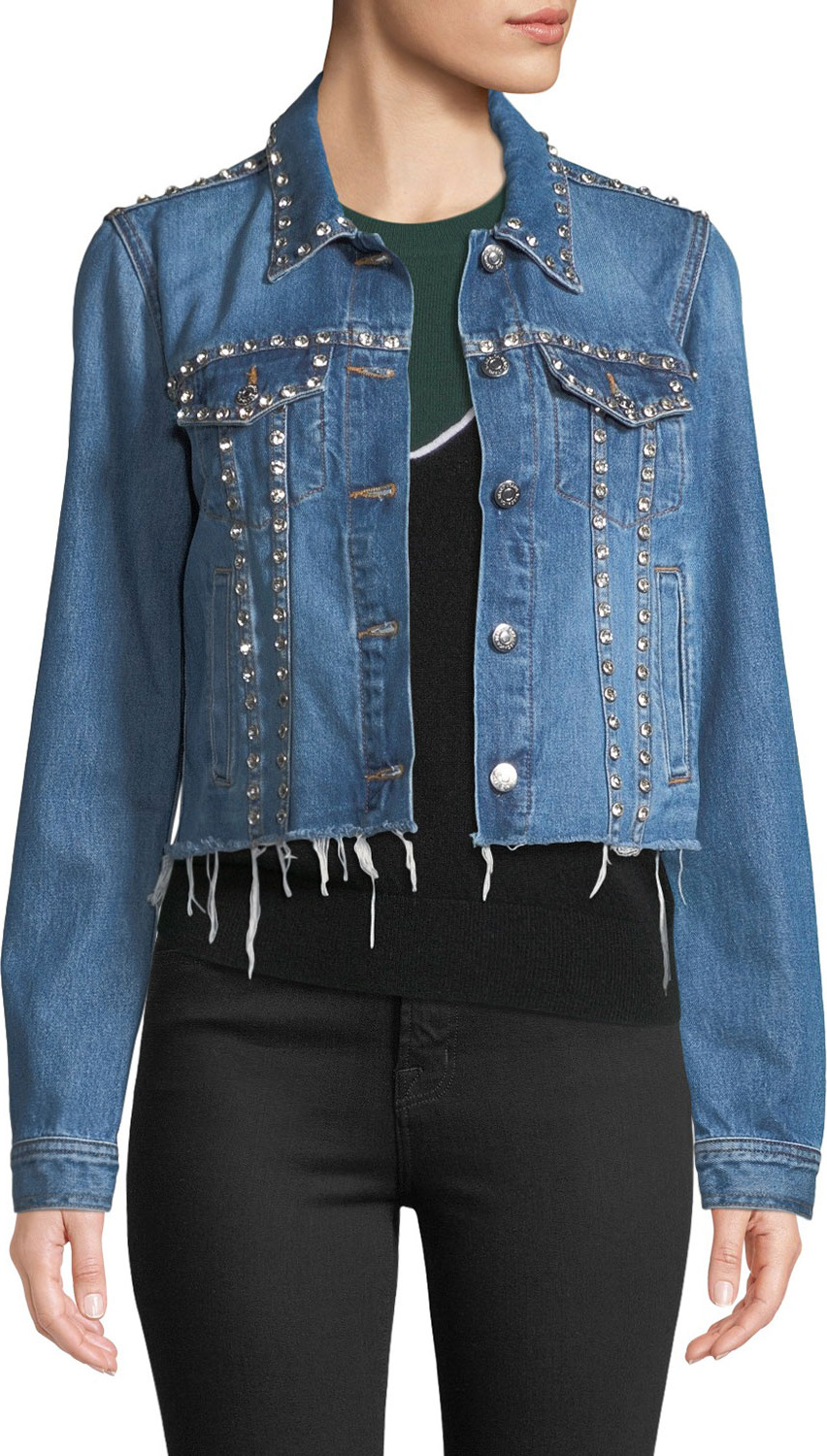 Veronica Beard Cara Cropped Jean Jacket with Rhinestones