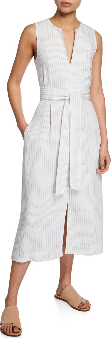 Vince Pencil-Stripe Belted Sleeveless Dress