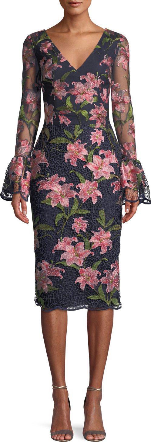 David Meister Floral Bell-Sleeve Guipure Lace Dress